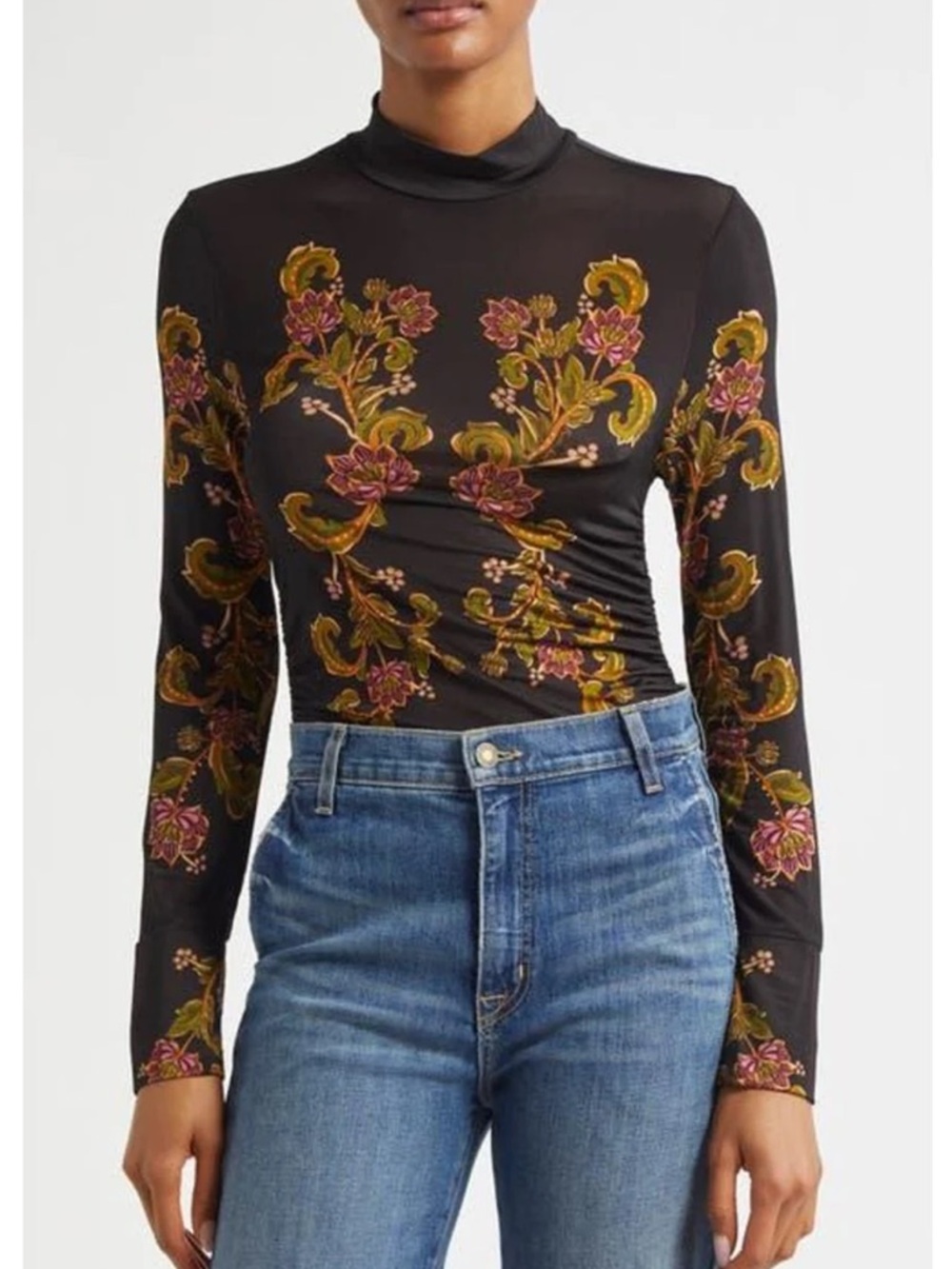 Farm Rio Luxury Ravenala Black Mock Neck Ruching Sides Top Blouse
